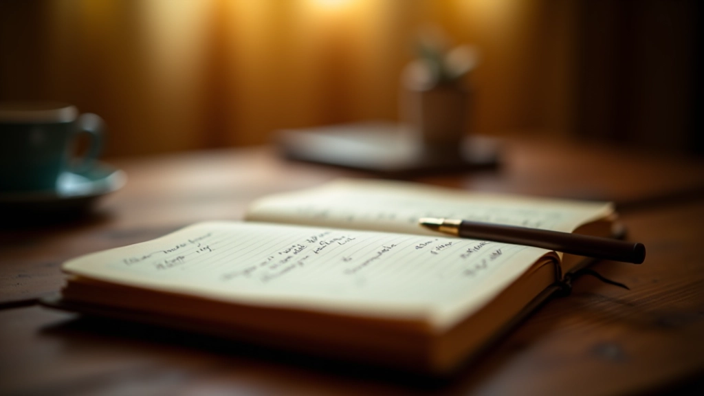 Open journal with pen on wooden desk near window with natural light