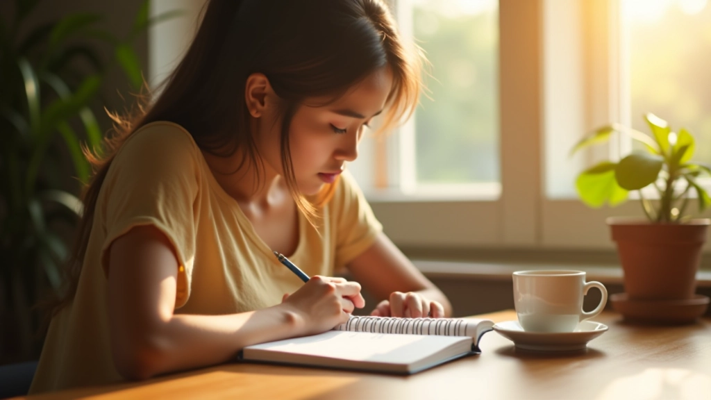 Woman journaling peacefully at her desk with morning light